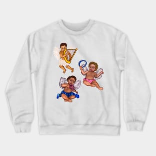 Orchestra of Curly haired Angels playing the tambourine, violin and harp - blissful Sun kissed curly haired Baby cherub angel classical art Crewneck Sweatshirt